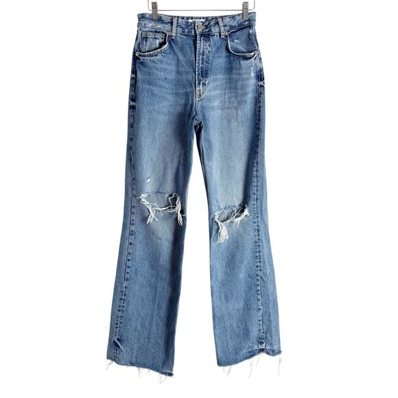 Zara Distressed Ripped High Rise Wide Leg Raw Hem Denim Blue Jeans Size 6 - Picture 1 of 7